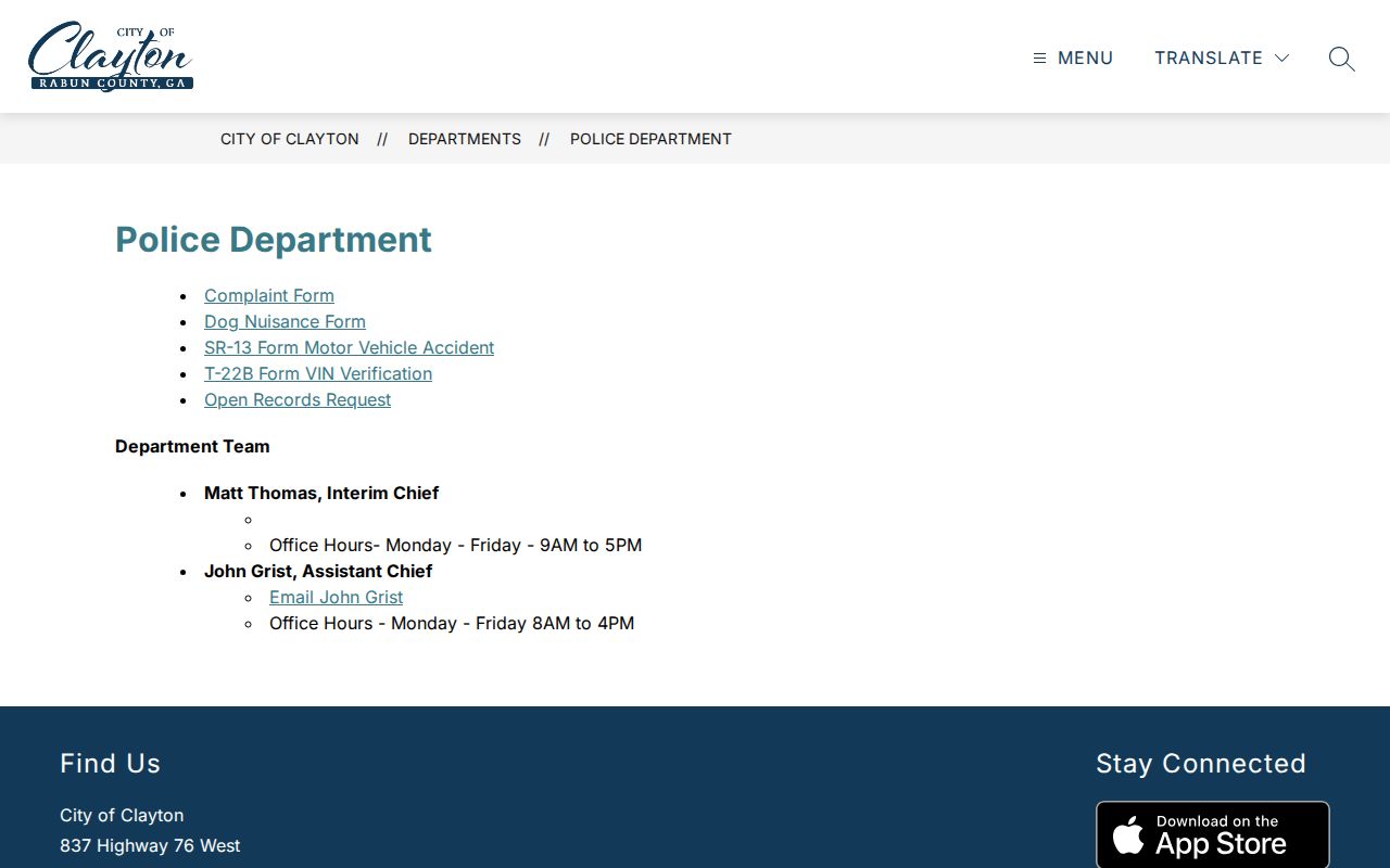 Screenshot of the official Clayton Police Department page for Clayton arrest records in Rabun County