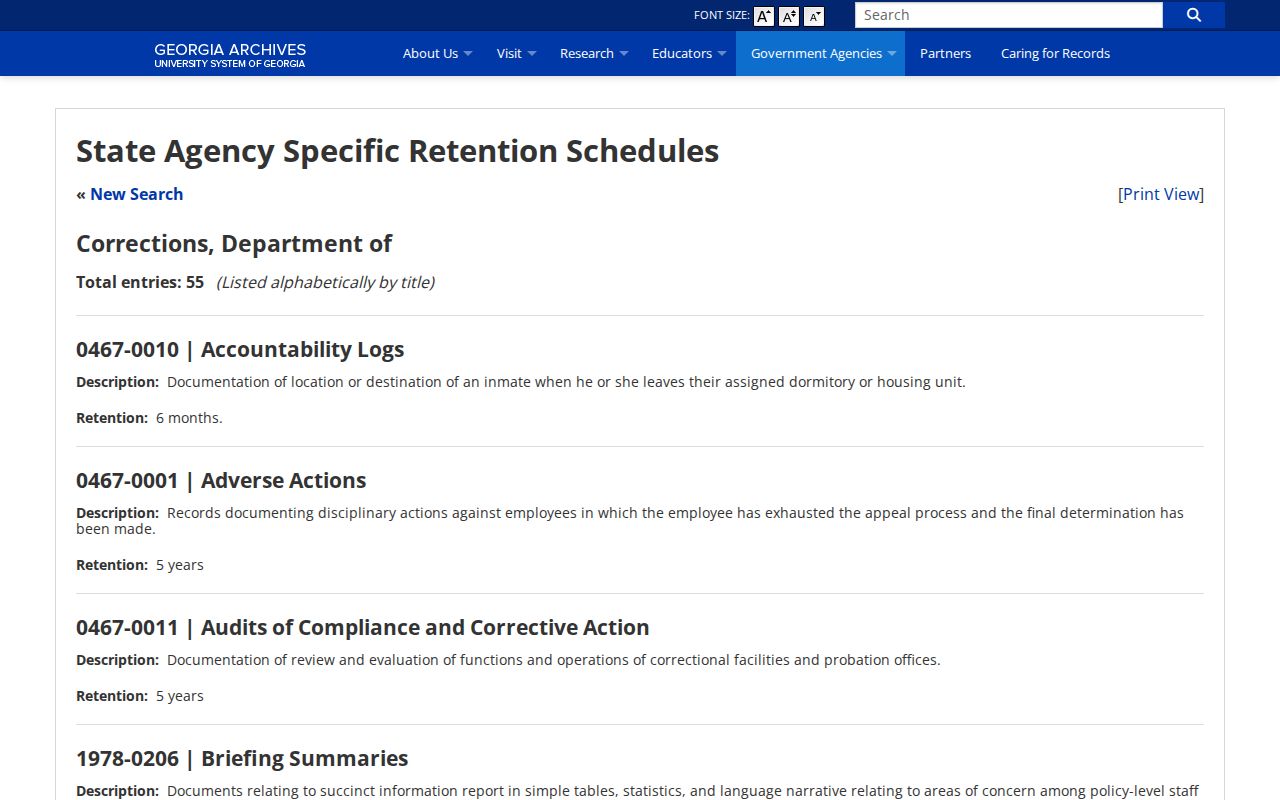 Georgia Archives official corrections records and retention information