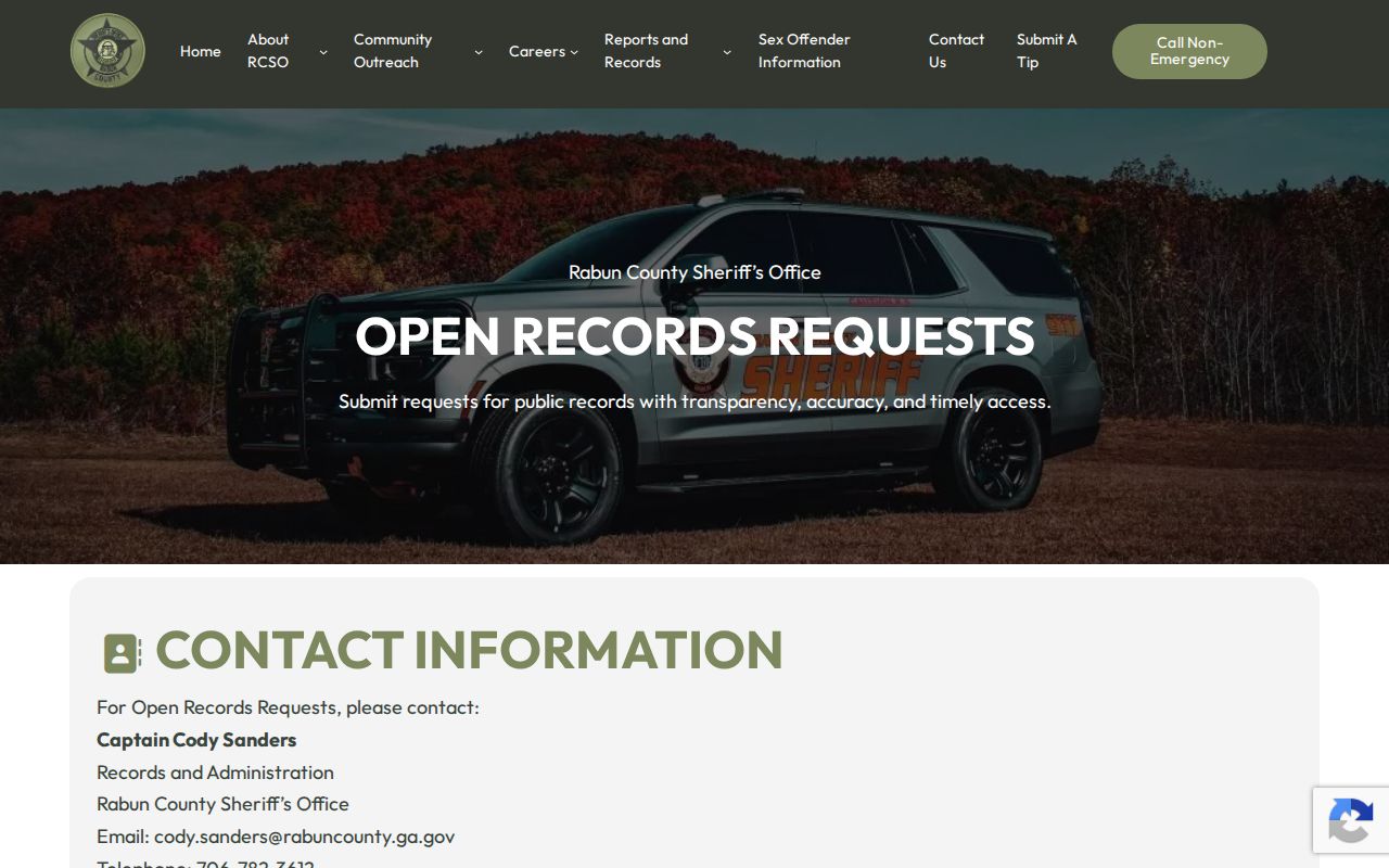 Rabun County Sheriff's Office official booking record and photo request form