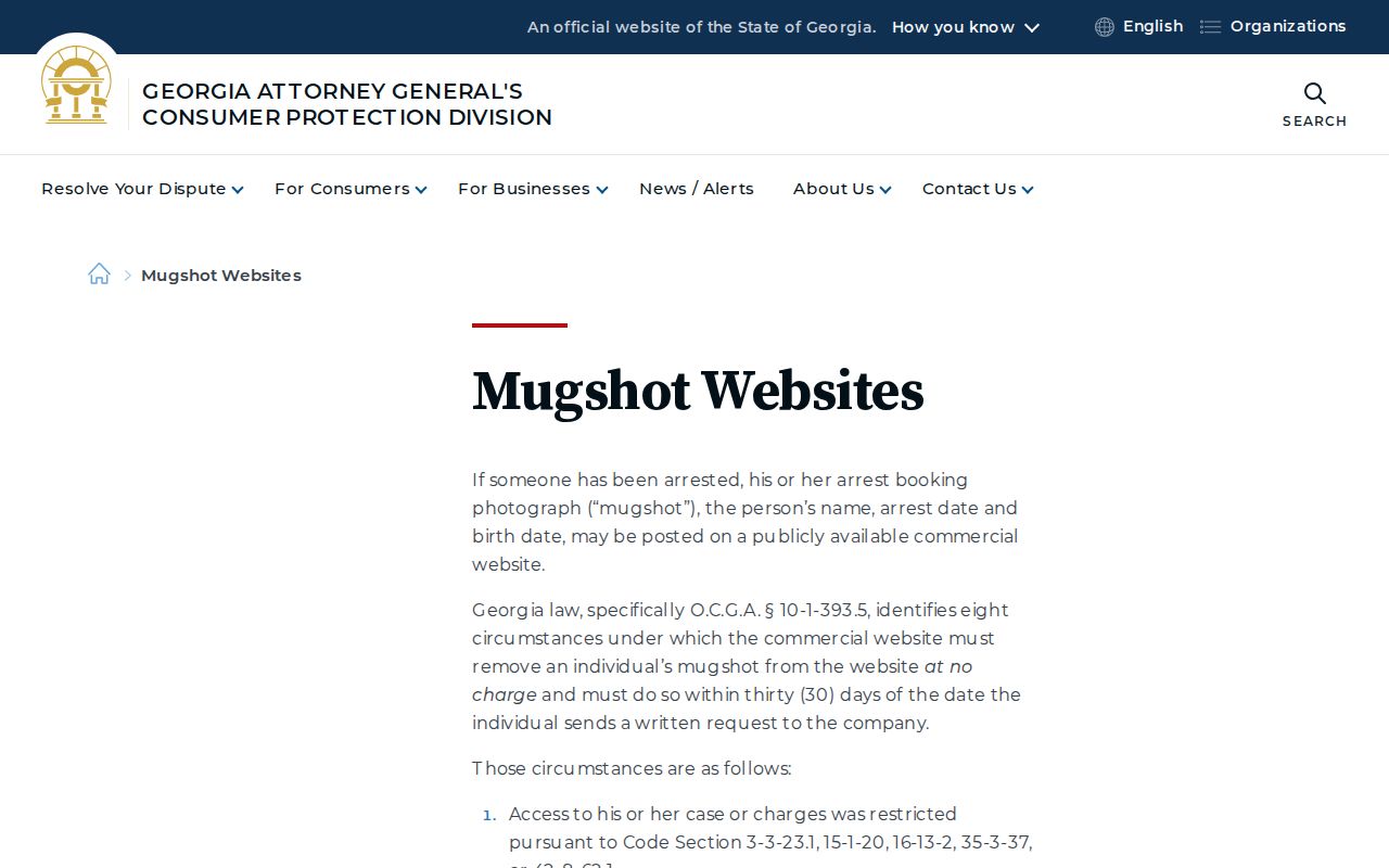 Georgia commercial mugshot website law and removal guidance