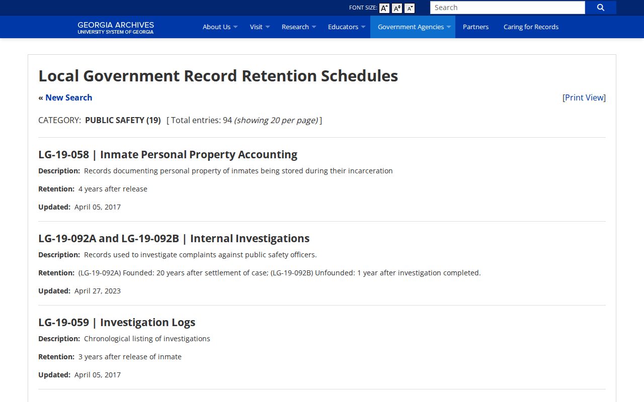 Georgia Archives local jail booking retention schedule