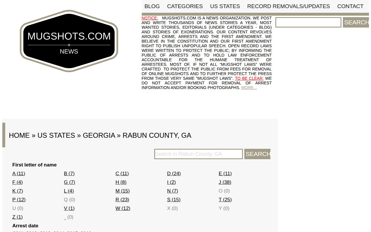 Unofficial historical Rabun County booking-record archive shown for Mountain City context