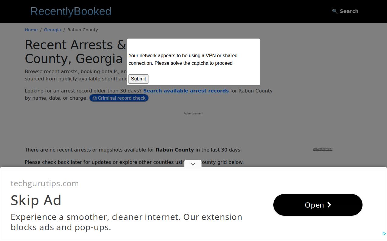 RecentlyBooked Rabun County empty-state page for secondary arrest records